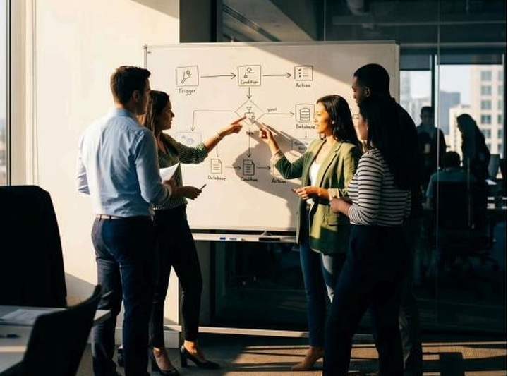 A group of colleagues standing at a whiteboard, mapping out a workflow together during a training session.